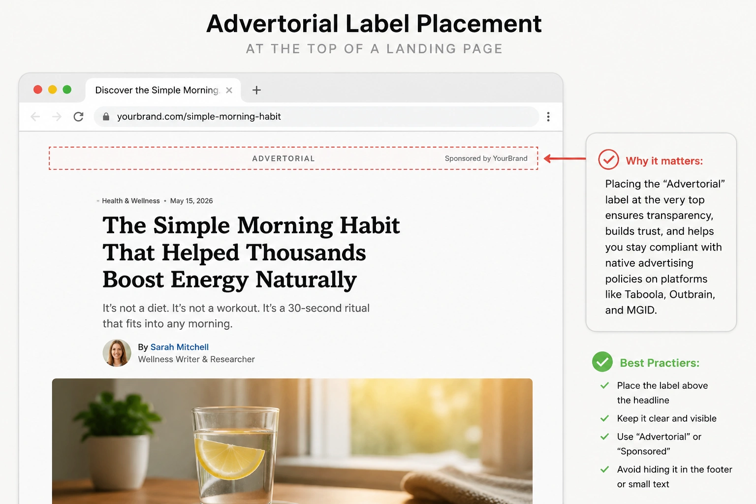 Screenshot showing Advertorial label placement at the top of a landing page