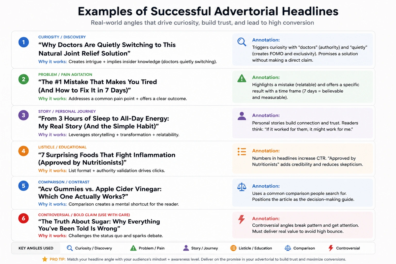 Advertorial headline examples with annotations