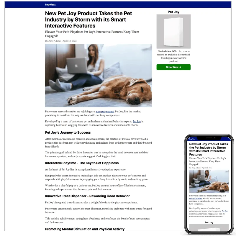 Advertorial landing page example on desktop and mobile screens
